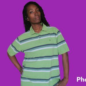 Izod Men's striped stripes collared athletic polo golf shirt in green size large